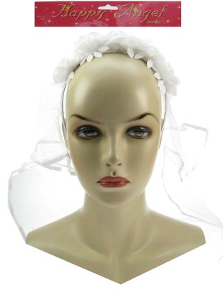 Diadeem bloemen en tule sluier wit