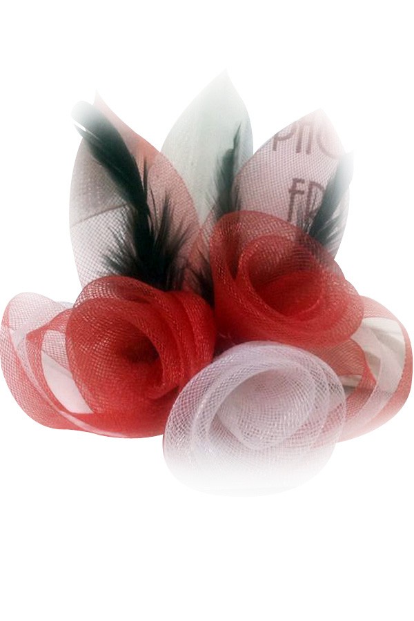 Broche Tule Bloemen met Veertjes Rood-Wit