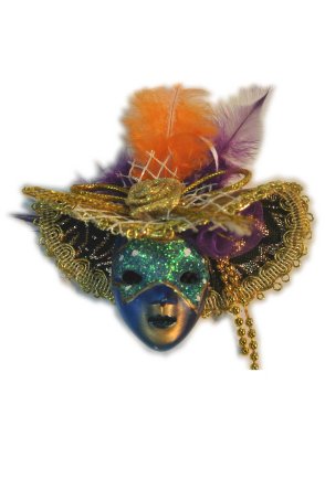 Broche Venetiaans maskertje met hoed en veren