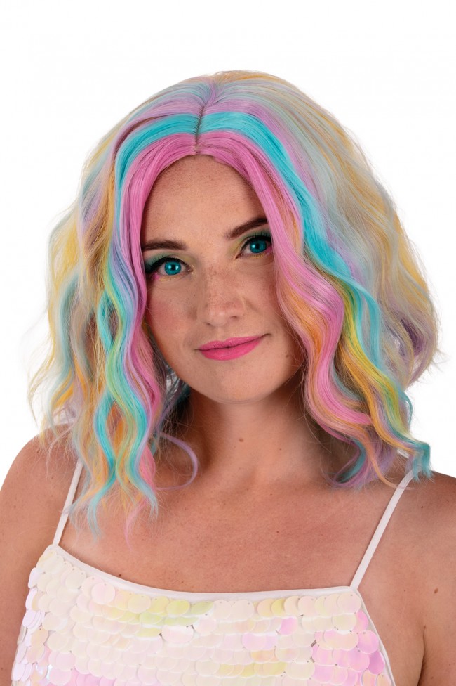 Pruik Alicia Half Lang met wave pastel kleuren