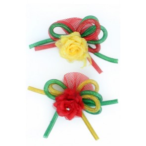 Broche Roos met Tubes en Veertjes rood-geel-groen