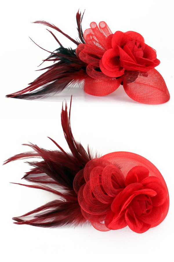 Broche Tule Bloemen met Veertjes Rood